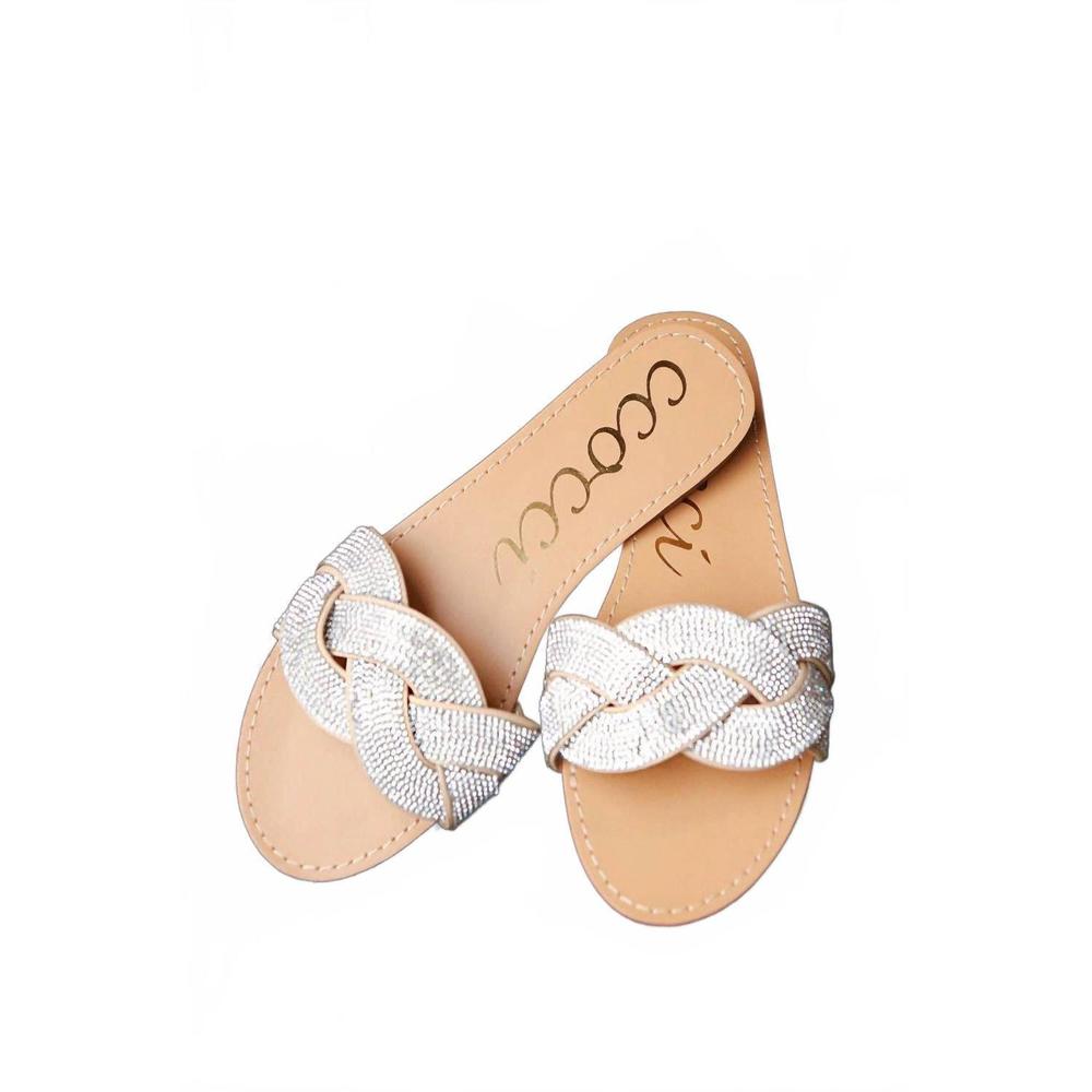 NEW PROMENADE women's braided rhinestone slide sandals in white